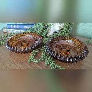 Vintage Set Amber Glass Taper / Peg Votive Candle Holder Sawtooth/Diamond 5 1/2”
